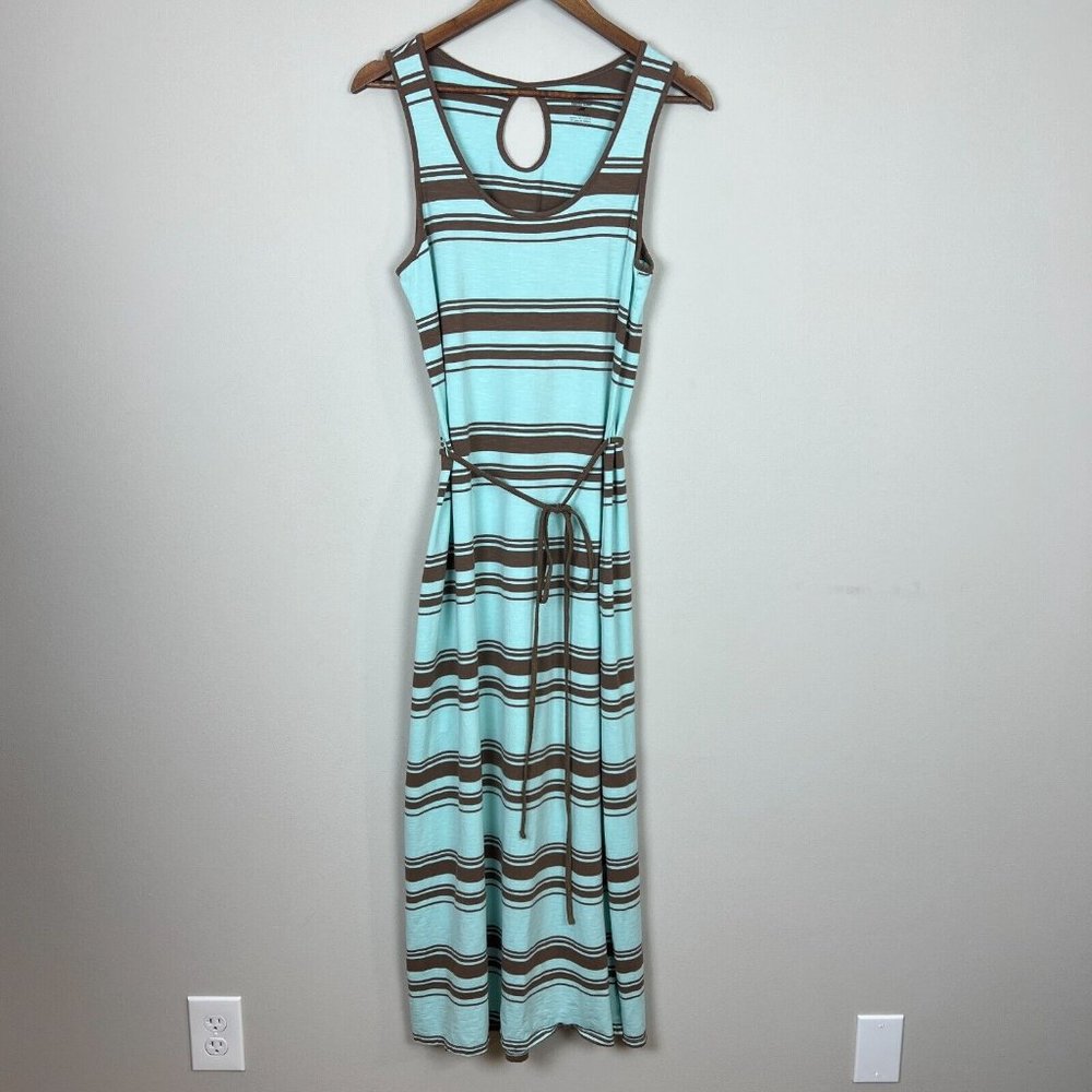 Horny Toad Maxi Dress Medium Mint Brown Striped Belted Sleeveless Summer